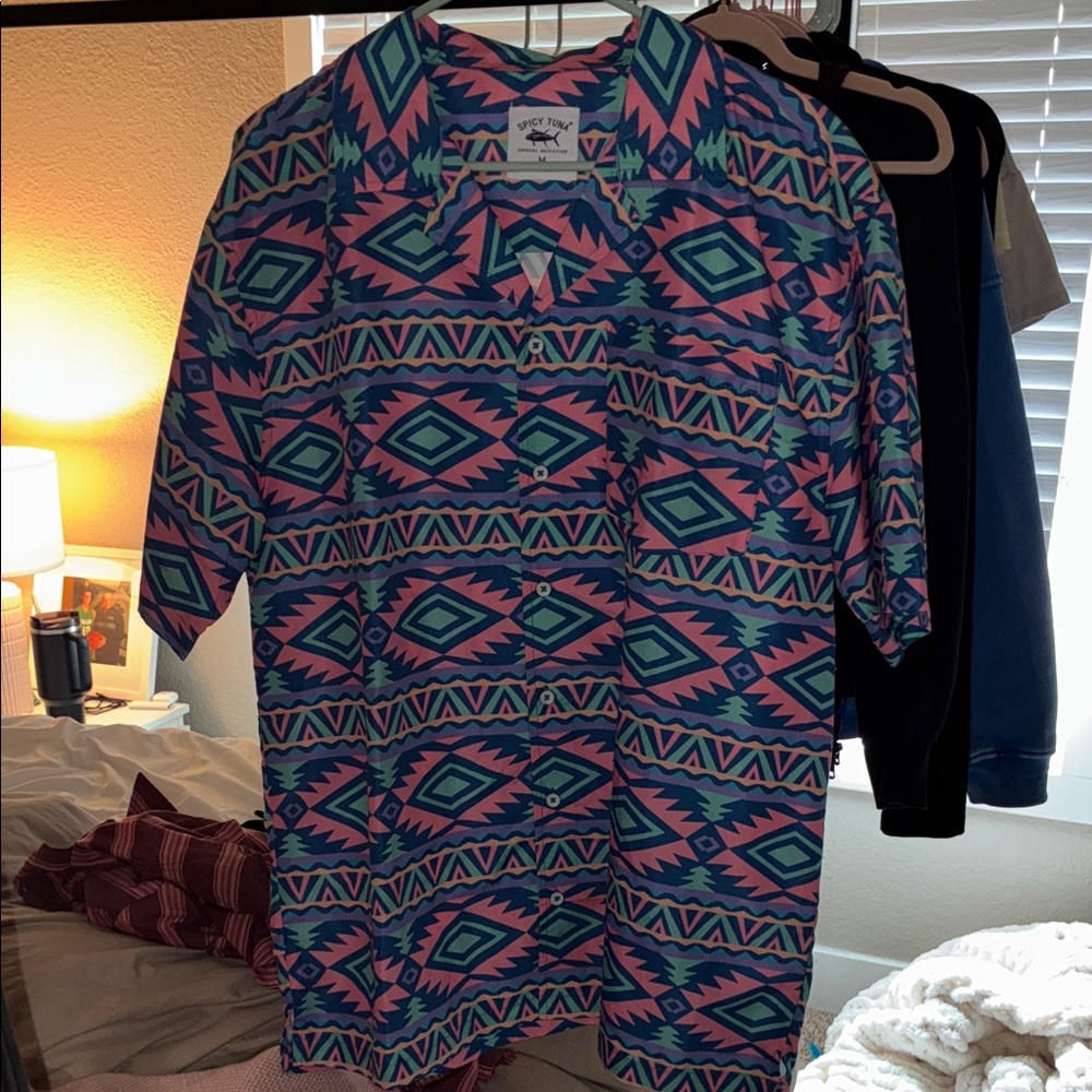 Spicy Tuna Men's Blue and Pink Casual Button Down Shirt